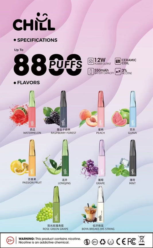新品上市【CHILL8800口拋棄式】一次性8800口puffs電子煙/10種口味-VAKA糖果雲煙館