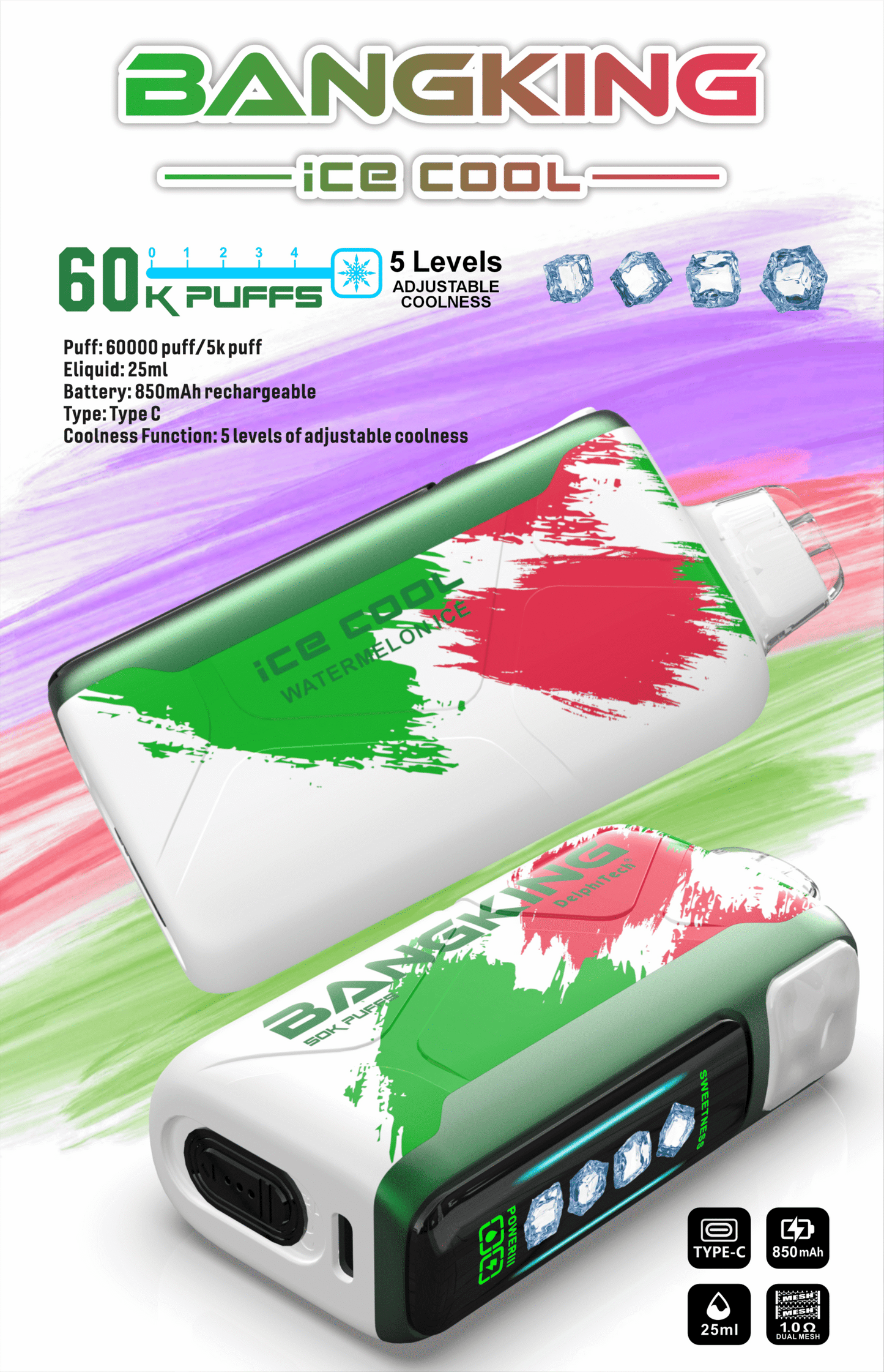 【Bang King  Ice Cool 60000口拋棄式】爆款上新/一次性超大容量5級可調涼度可充電電子煙/派對解癮神器-VAKA糖果雲煙館
