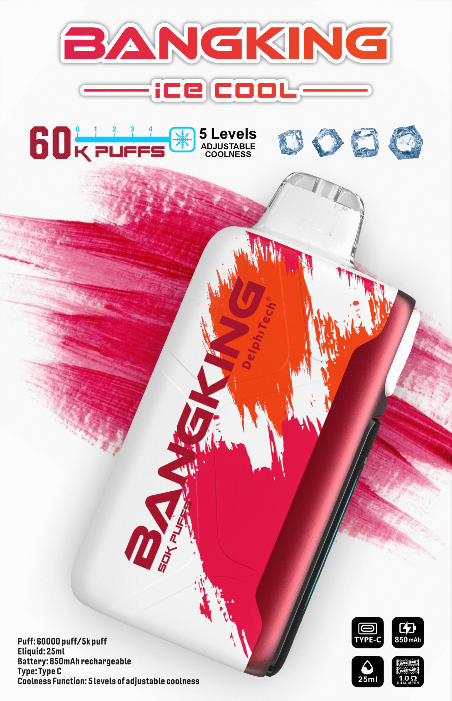 【Bang King  Ice Cool 60000口拋棄式】爆款上新/一次性超大容量5級可調涼度可充電電子煙/派對解癮神器-VAKA糖果雲煙館